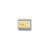 Nomination COMPOSABLE CLASSIC MONATSSTEINE Element aus Edelstahl, mit 18Kt Gelbgold und Edelsteinen verziert (06_Juni PERLE WEISS)